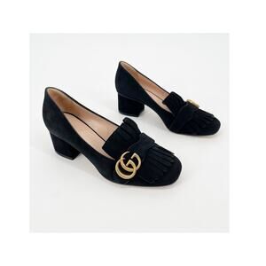 Gucci Marmont Black Suede GG Logo Kiltie Fringe Block Heel Loafer Pumps EU 37